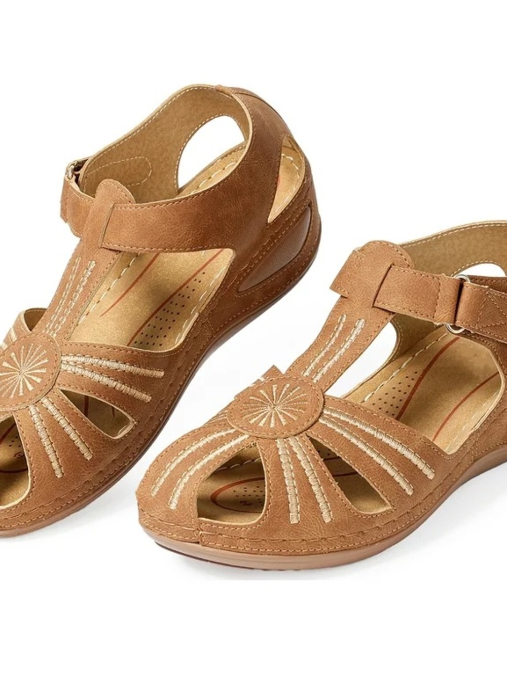 Comfort Walking Sandals Tan Brown Embroidered Cut Out Wedge Women's EUR 41 US 10